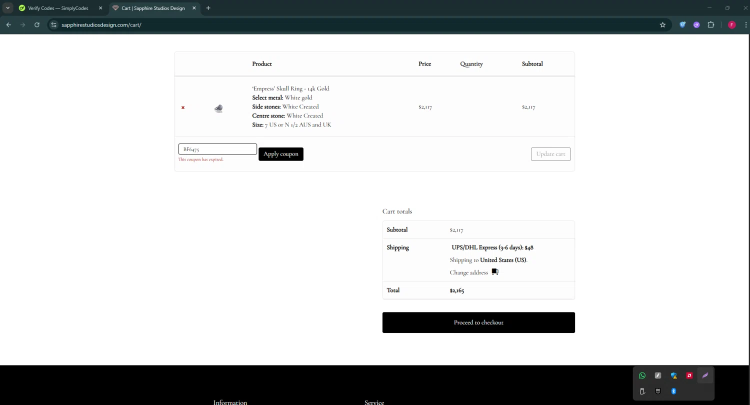 Sapphire Studios Design coupon code screenshot showing code BF6475 applied at Sapphire Studios Design checkout page. Uploaded by SimplyCodes community member ExtraordinaryVirtuoso281 on Dec 17, 2025