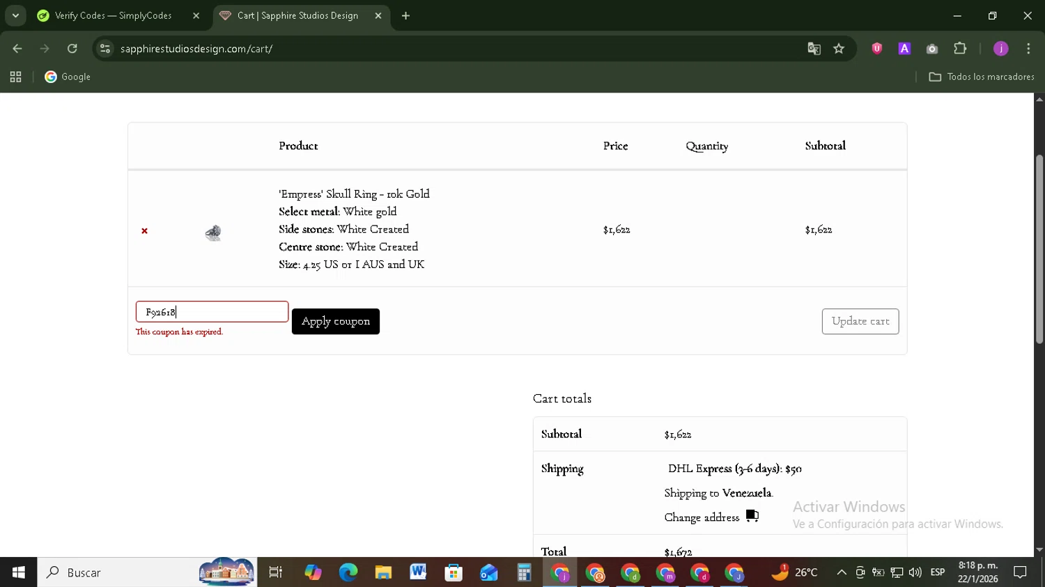 Sapphire Studios Design coupon code screenshot showing code F92618 applied at Sapphire Studios Design checkout page. Uploaded by SimplyCodes community member Tazbravo on Jan 23, 2026