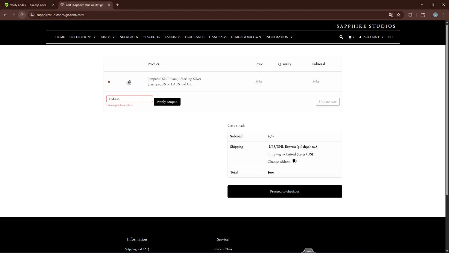 Sapphire Studios Design coupon code screenshot showing code FALL20 applied at Sapphire Studios Design checkout page. Uploaded by SimplyCodes community member BonusGuardian249 on Jan 23, 2026