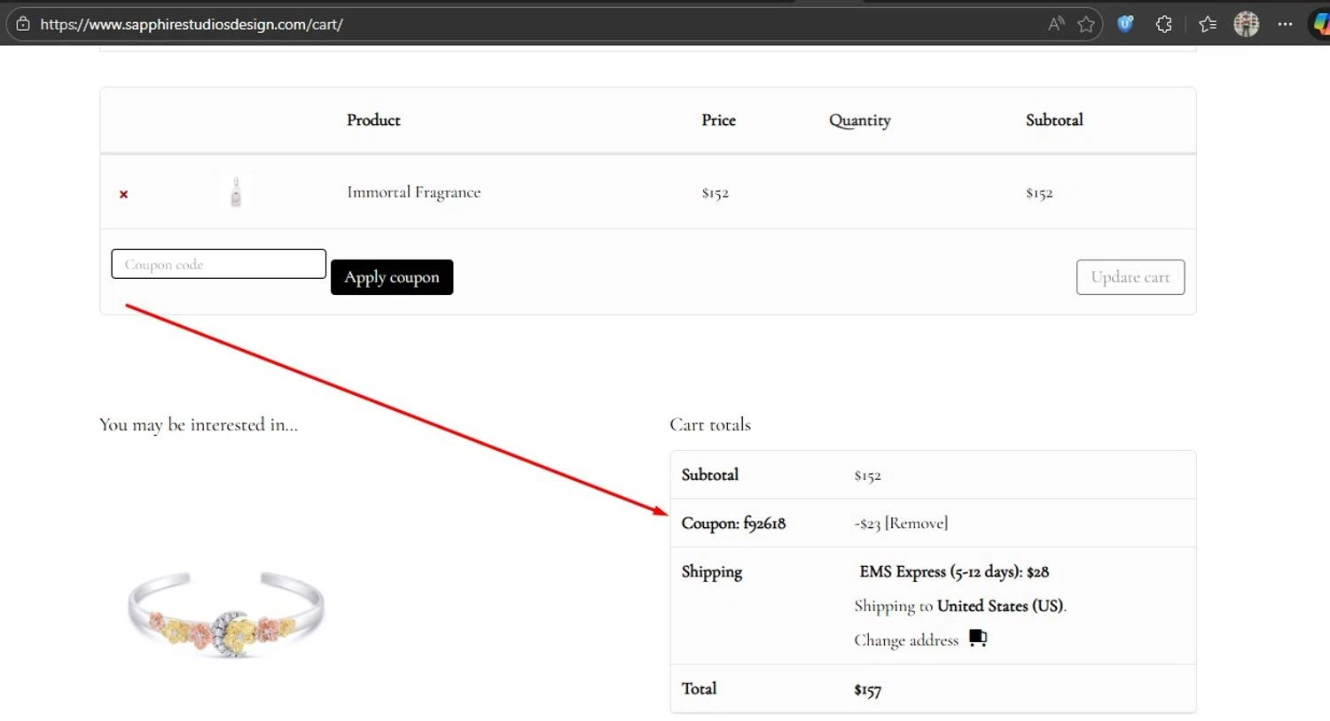 Sapphire Studios Design coupon code screenshot showing code F92618 applied at Sapphire Studios Design checkout page. Uploaded by SimplyCodes community member HonestVzla on Dec 26, 2025