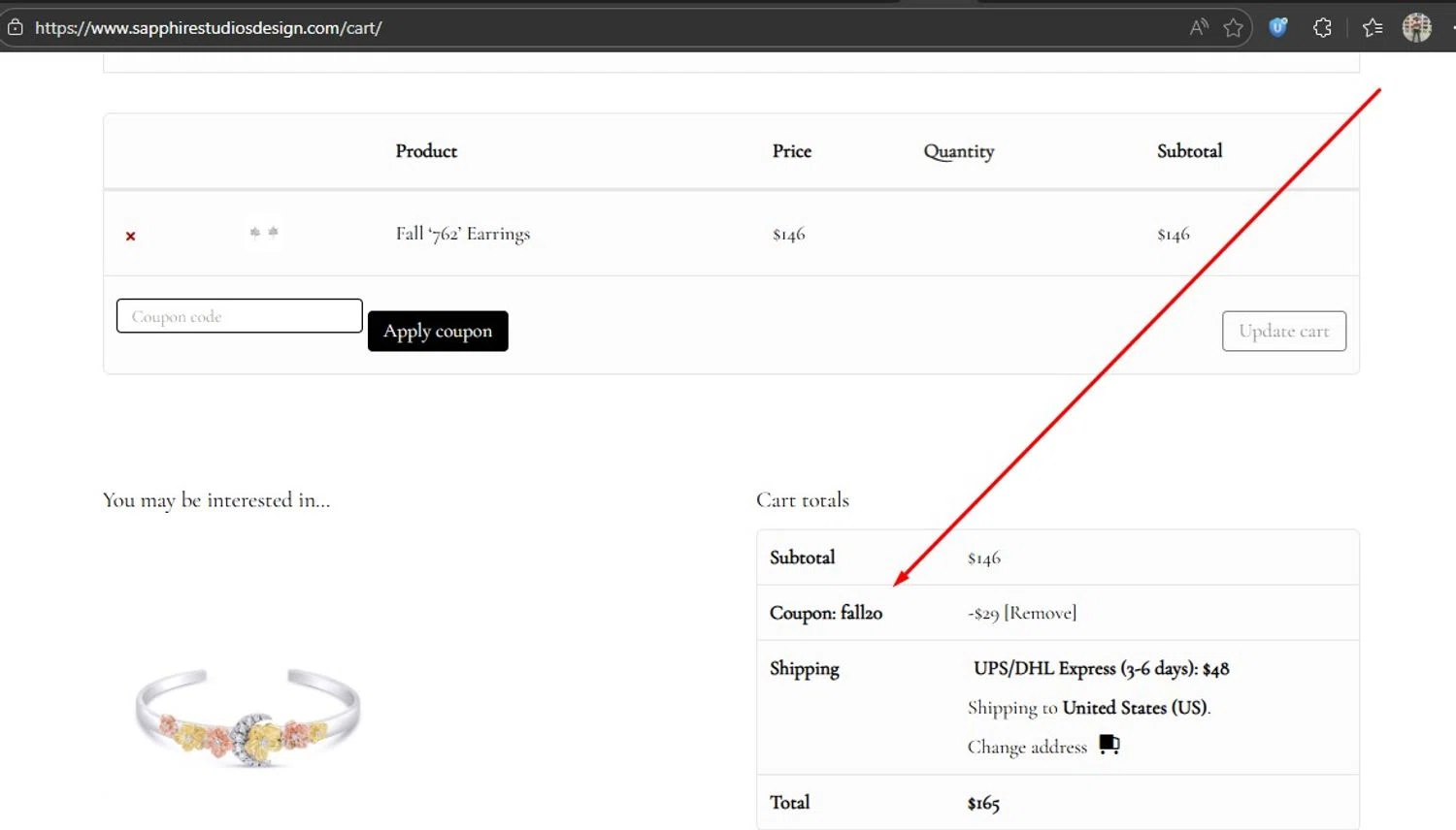 Sapphire Studios Design coupon code screenshot showing code FALL20 applied at Sapphire Studios Design checkout page. Uploaded by SimplyCodes community member HonestVzla on Dec 26, 2025