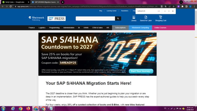 SAP PRESS checkout page showing SAP PRESS coupon code box | Screenshot taken by SimplyCodes community member on Aug 13, 2025