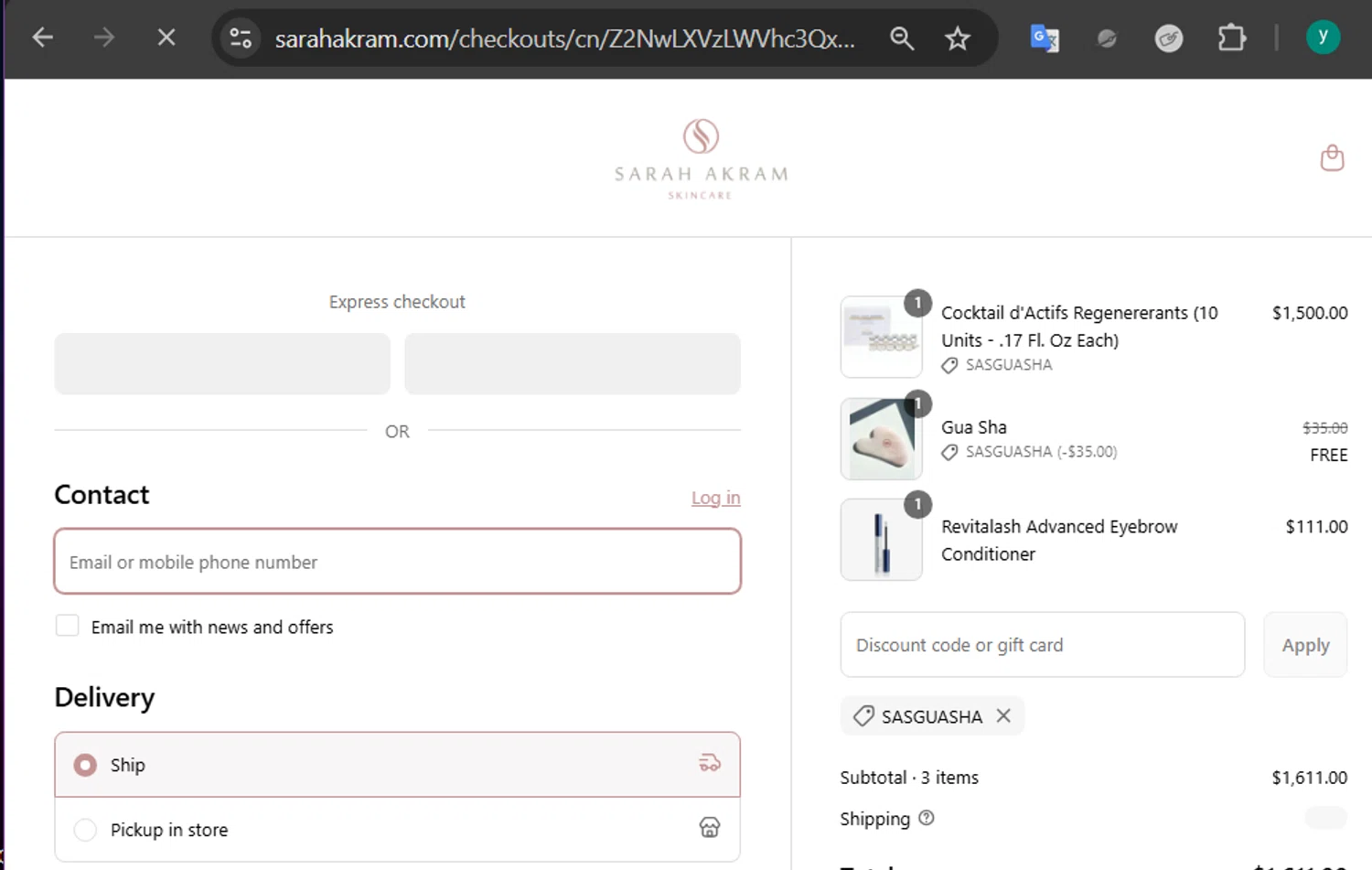 Sarah Akram Skincare promo code screenshot showing code SASGUASHA applied at Sarah Akram Skincare checkout page. Uploaded by SimplyCodes community member 502312 on Apr 21, 2025
