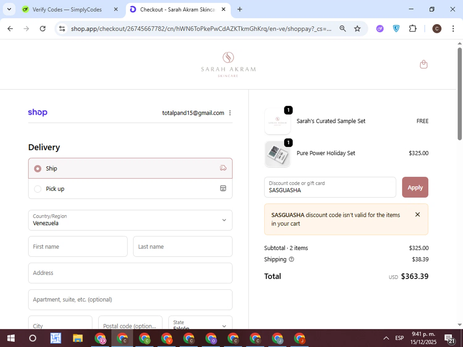 Sarah Akram Skincare promo code screenshot showing code SASGUASHA applied at Sarah Akram Skincare checkout page. Uploaded by SimplyCodes community member TreasureFox8596 on Dec 16, 2025