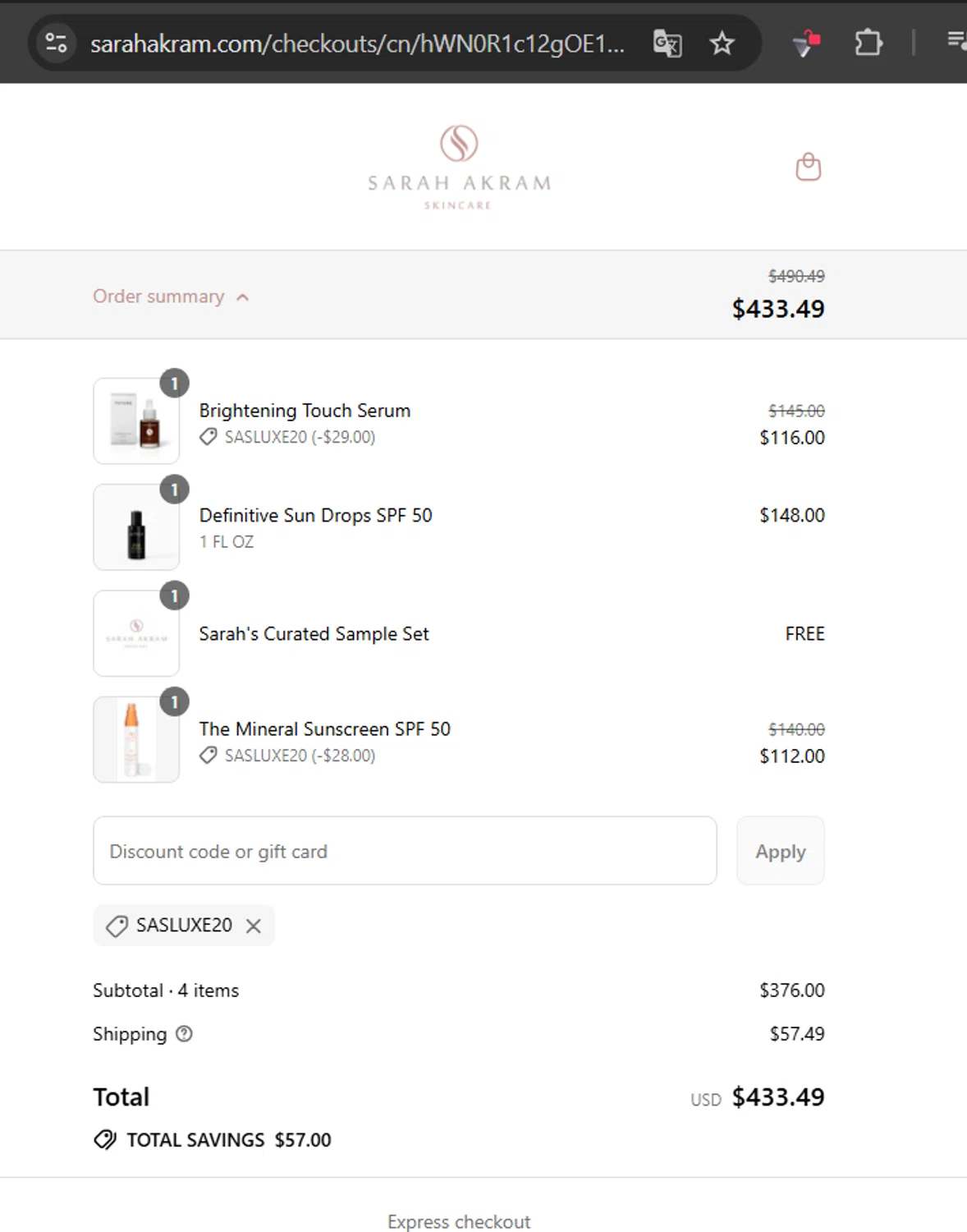 Sarah Akram Skincare promo code screenshot showing code SASLUXE20 applied at Sarah Akram Skincare checkout page. Uploaded by SimplyCodes community member TheYeffry on Jul 9, 2025