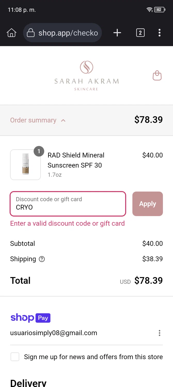 Sarah Akram Skincare promo code screenshot showing code CRYO applied at Sarah Akram Skincare checkout page. Uploaded by SimplyCodes community member Usuario_simply on Jul 14, 2025