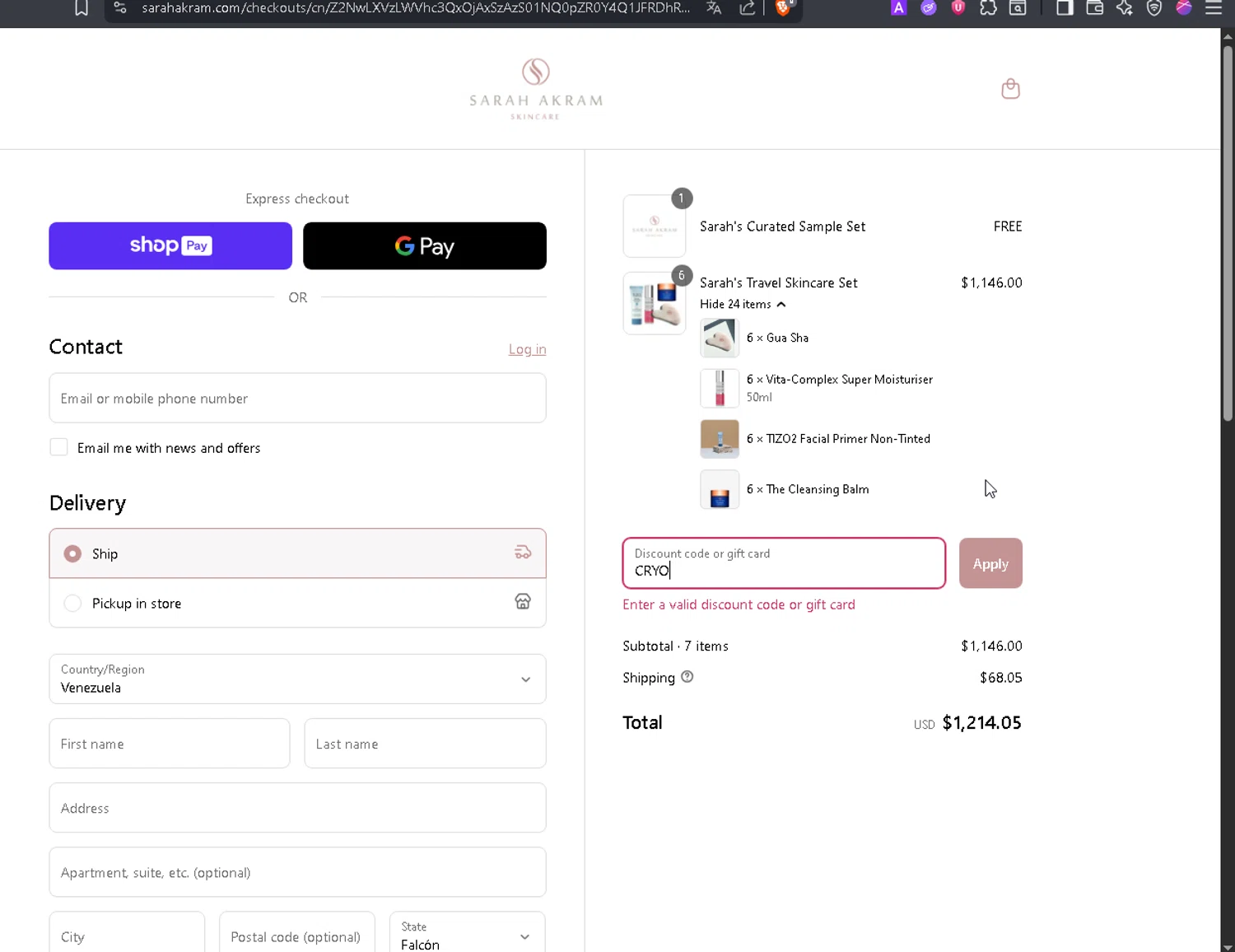 Sarah Akram Skincare promo code screenshot showing code CRYO applied at Sarah Akram Skincare checkout page. Uploaded by SimplyCodes community member lisethchirino on Jul 14, 2025