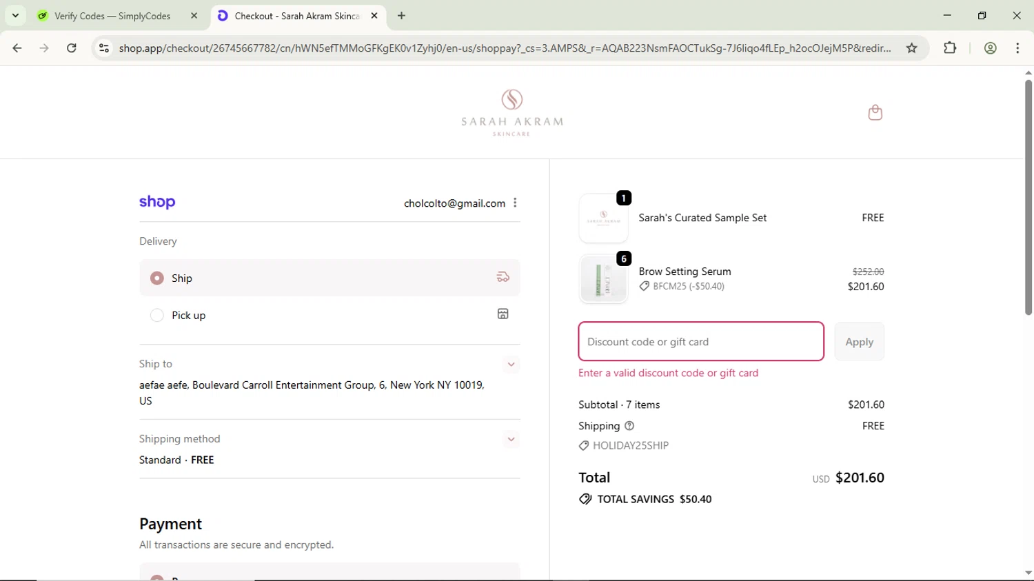 Sarah Akram Skincare promo code screenshot showing code festive20 applied at Sarah Akram Skincare checkout page. Uploaded by SimplyCodes community member ScanPhoenix3549 on Nov 24, 2025