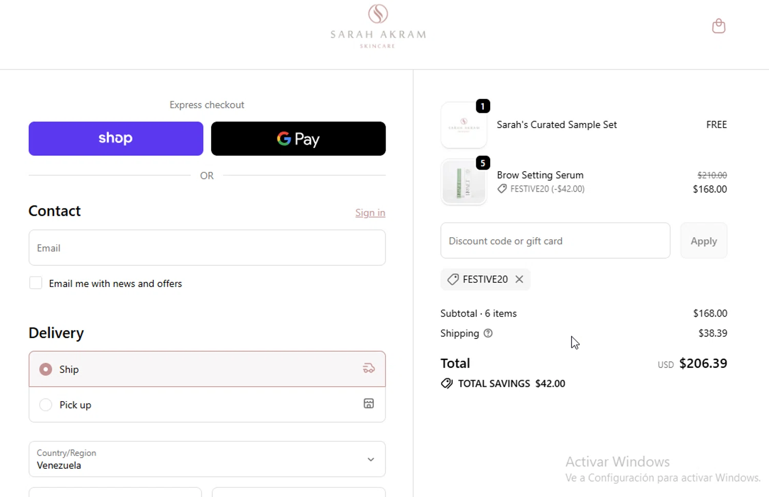 Sarah Akram Skincare promo code screenshot showing code festive20 applied at Sarah Akram Skincare checkout page. Uploaded by SimplyCodes community member ligthYA on Nov 20, 2025