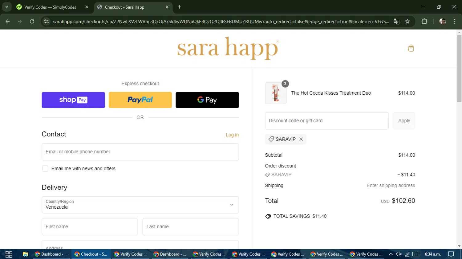 Sara Happ promo code screenshot showing code SARAVIP applied at Sara Happ checkout page. Uploaded by SimplyCodes community member DiscountSeeker682 on Feb 26, 2025
