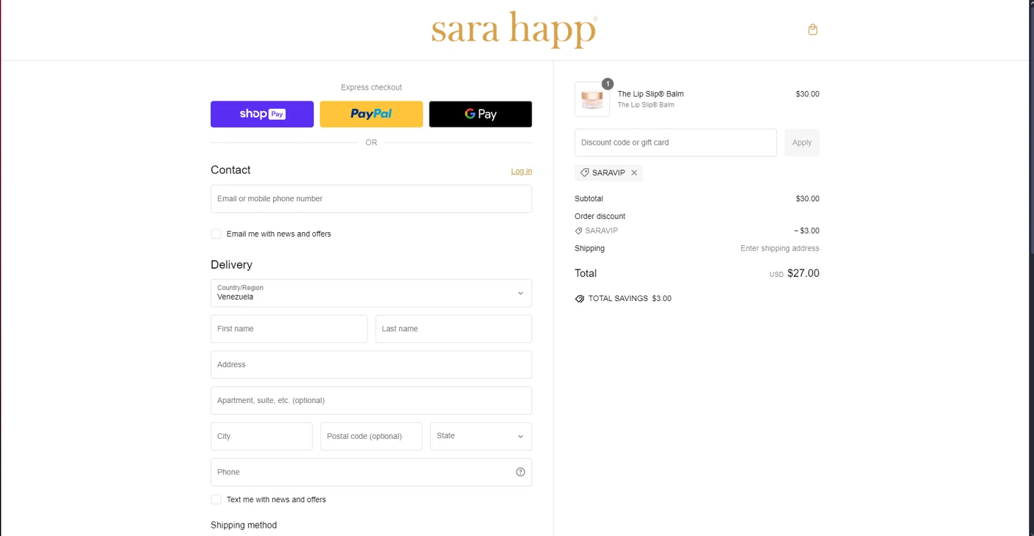 Sara Happ promo code screenshot showing code SARAVIP applied at Sara Happ checkout page. Uploaded by SimplyCodes community member DealScout769 on Jan 13, 2025