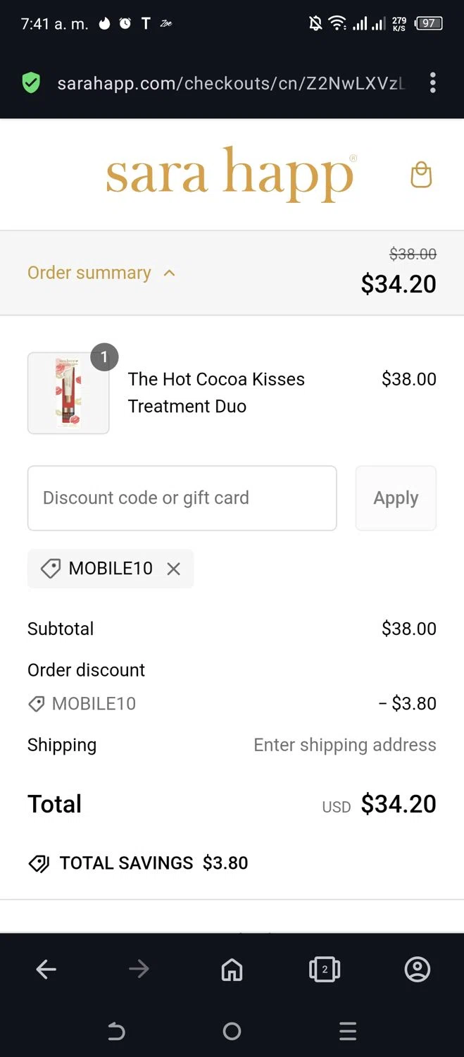Sara Happ promo code screenshot showing code MOBILE10 applied at Sara Happ checkout page. Uploaded by SimplyCodes community member Beaaalmera on Feb 26, 2025