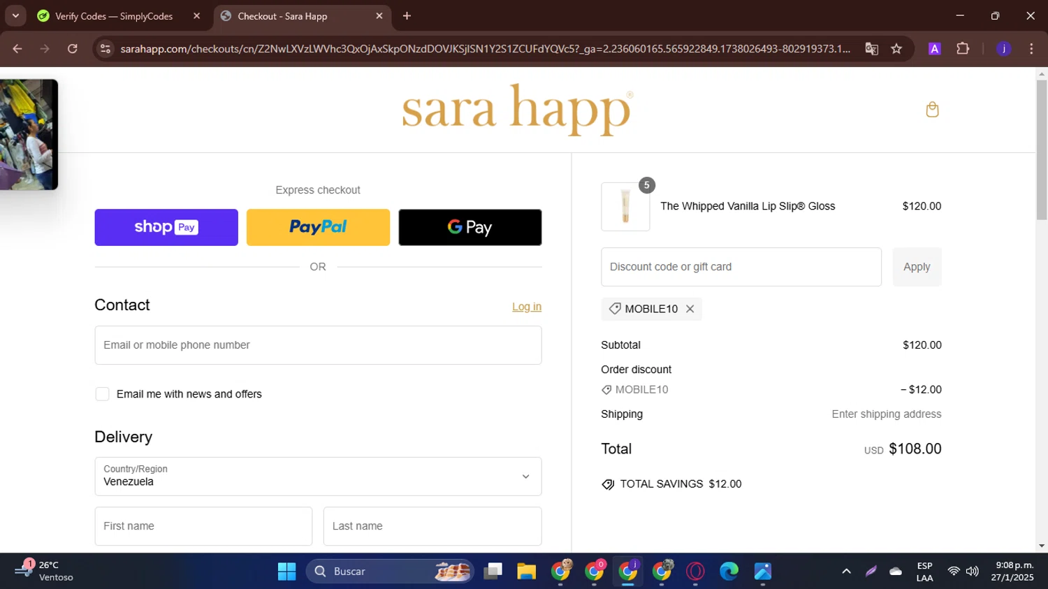 Sara Happ promo code screenshot showing code MOBILE10 applied at Sara Happ checkout page. Uploaded by SimplyCodes community member Moisesdk0 on Jan 28, 2025