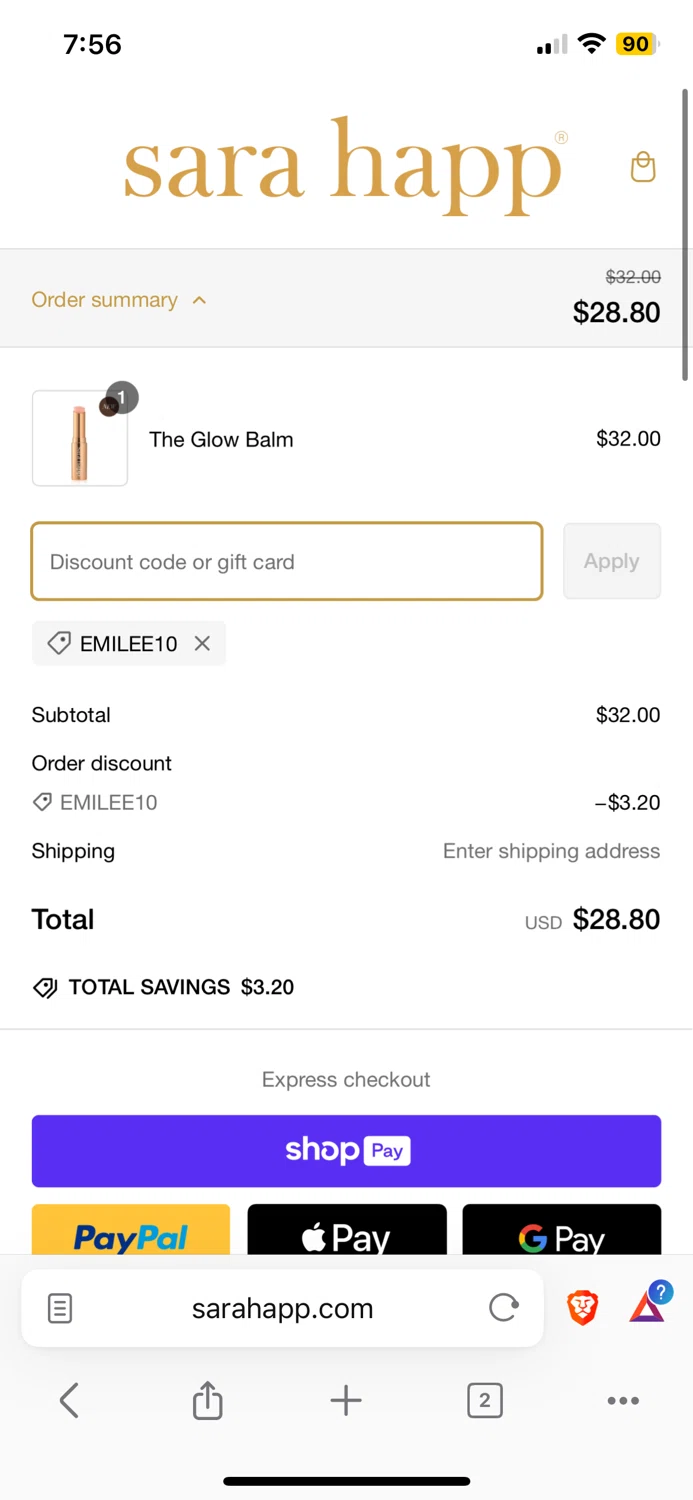 Sara Happ promo code screenshot showing code EMILEE10 applied at Sara Happ checkout page. Uploaded by SimplyCodes community member Yoseff2 on Feb 26, 2025