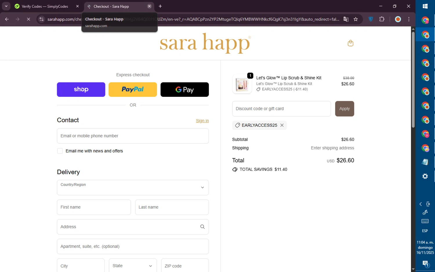 Sara Happ promo code screenshot showing code earlyaccess25 applied at Sara Happ checkout page. Uploaded by SimplyCodes community member PromoVoyager8446 on Nov 16, 2025