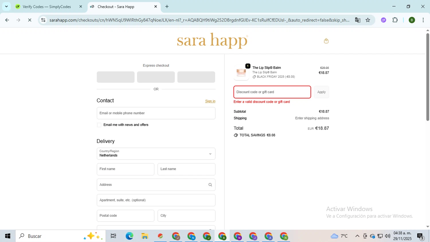 Sara Happ promo code screenshot showing code earlyaccess25 applied at Sara Happ checkout page. Uploaded by SimplyCodes community member SaleVirtuoso5993 on Nov 29, 2025