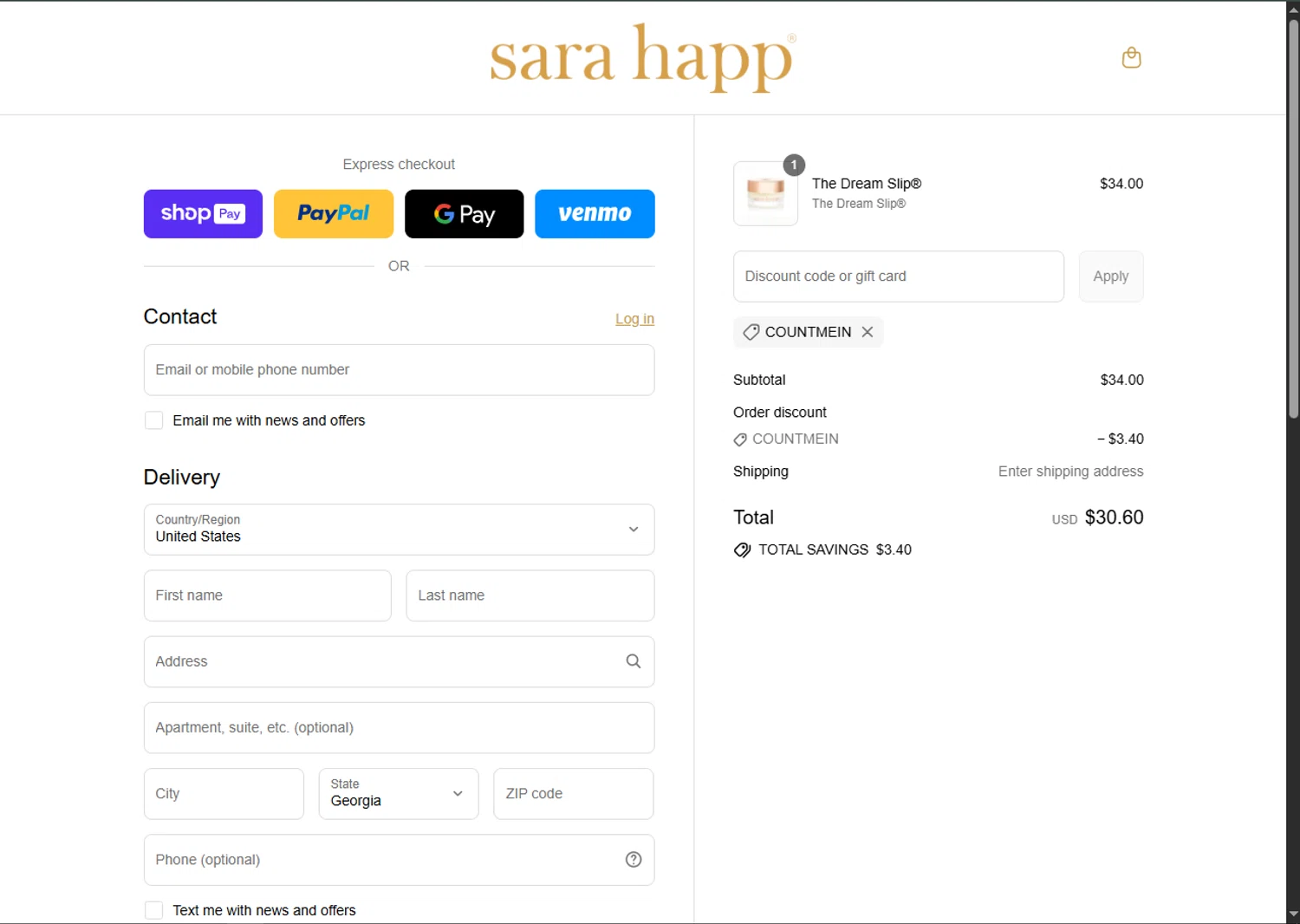 Sara Happ promo code screenshot showing code COUNTMEIN applied at Sara Happ checkout page. Uploaded by SimplyCodes community member MagnificentFalcon188 on Aug 22, 2025