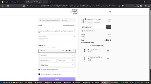 Sarah Chapman checkout page showing Sarah Chapman discount code box | Screenshot taken by SimplyCodes community member on Sep 12, 2025