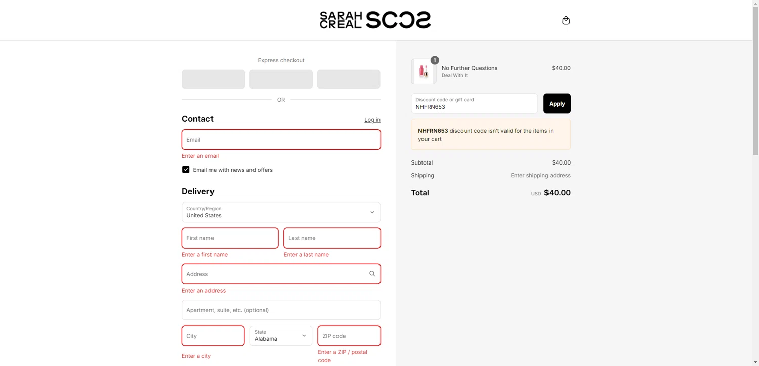 Sarah Creal checkout page showing Sarah Creal promo code box | Screenshot taken by SimplyCodes community member on Aug 1, 2025