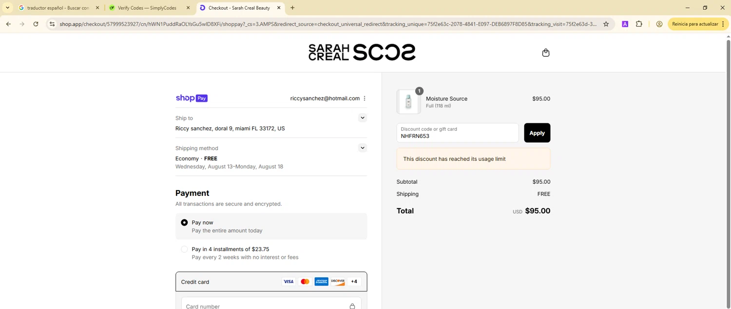 Sarah Creal promo code screenshot showing code NHFRN653 applied at Sarah Creal checkout page. Uploaded by SimplyCodes community member ScanGenius949 on Aug 4, 2025