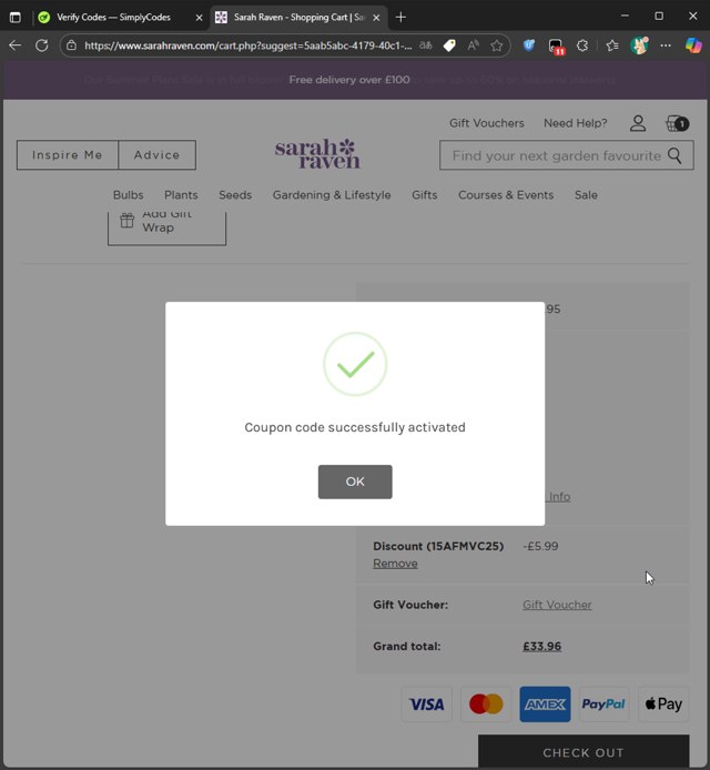 Sarah Raven checkout page showing Sarah Raven discount code box | Screenshot taken by SimplyCodes community member on Aug 11, 2025