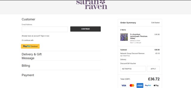 Sarah Raven checkout page showing Sarah Raven discount code box | Screenshot taken by SimplyCodes community member on Sep 1, 2025