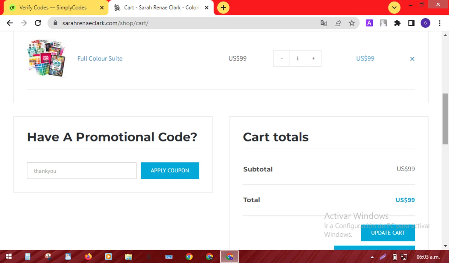 Sarah Renae Clark promo code screenshot showing code thankyou applied at Sarah Renae Clark checkout page. Uploaded by SimplyCodes community member SilverMaven7655 on Oct 1, 2025