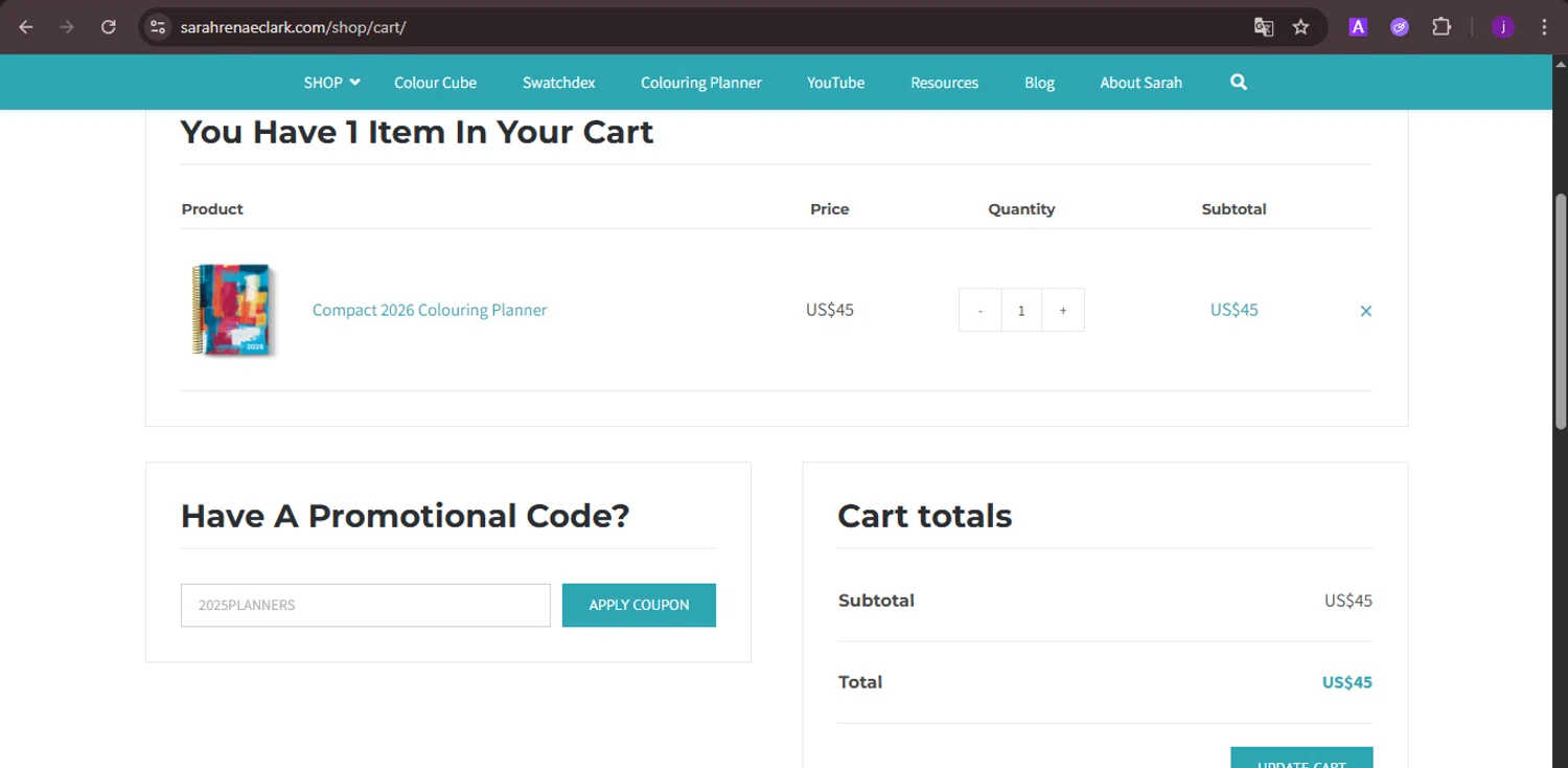 Sarah Renae Clark promo code screenshot showing code 2025PLANNERS applied at Sarah Renae Clark checkout page. Uploaded by SimplyCodes community member CoinMaverick1452 on Dec 30, 2025
