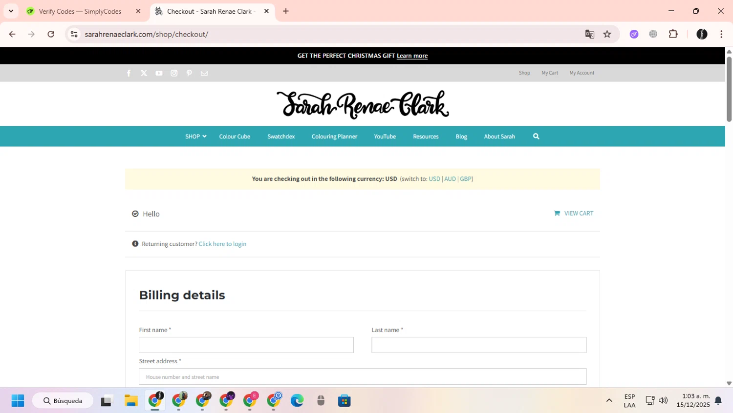 Sarah Renae Clark promo code screenshot showing code CHRISTMAS applied at Sarah Renae Clark checkout page. Uploaded by SimplyCodes community member ChinoYugiXD on Dec 15, 2025