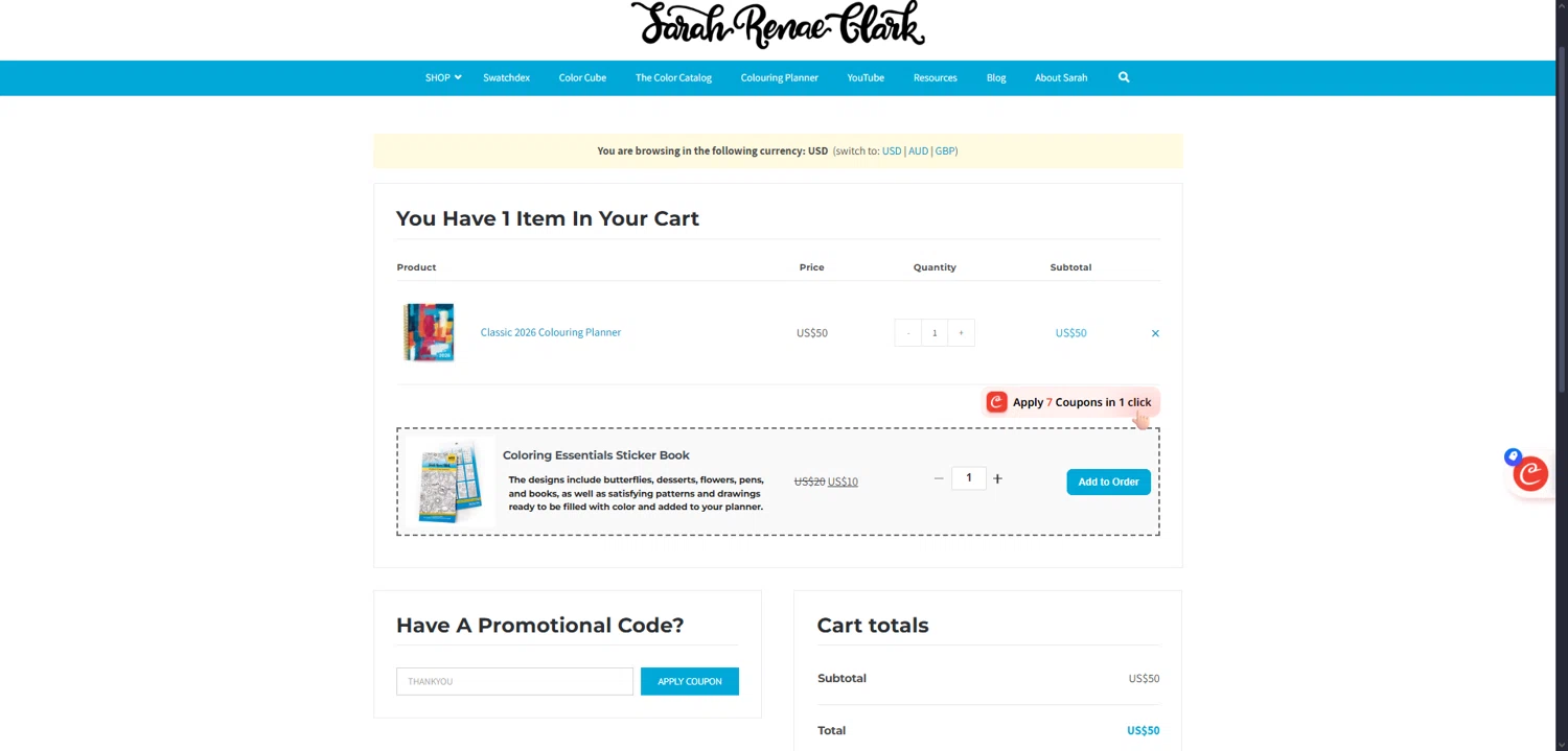 Sarah Renae Clark promo code screenshot showing code thankyou applied at Sarah Renae Clark checkout page. Uploaded by SimplyCodes community member Dorothy on Oct 1, 2025