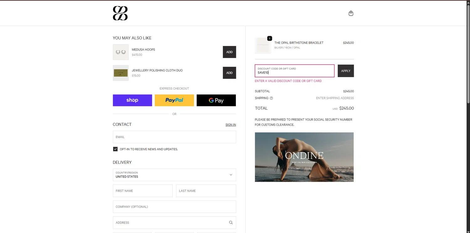 Sarah & Sebastian discount code screenshot showing code SAVE10 applied at Sarah & Sebastian checkout page. Uploaded by SimplyCodes community member RebatePioneer1295 on Oct 13, 2025