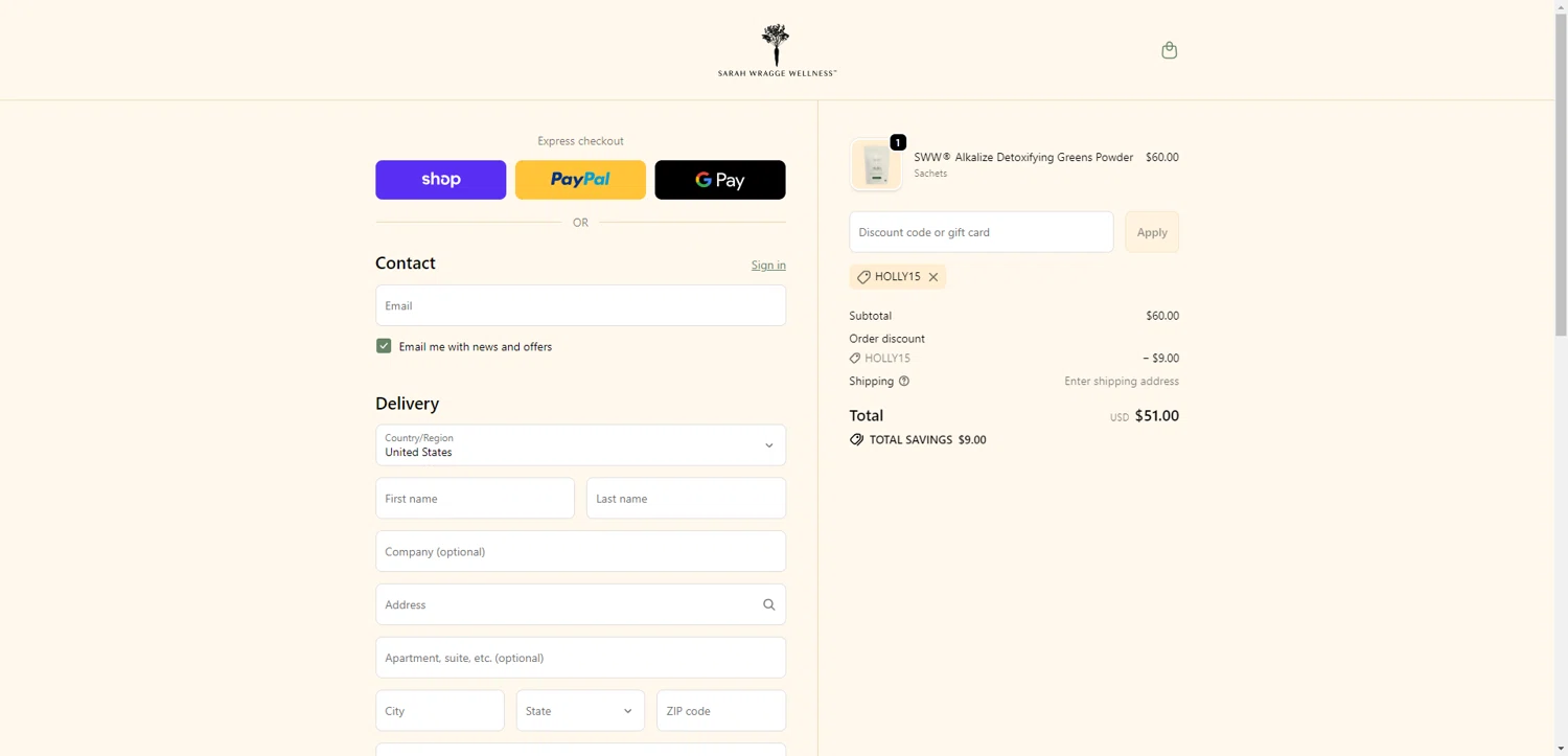 Sarah Wragge Wellness promo code screenshot showing code HOLLY15 applied at Sarah Wragge Wellness checkout page. Uploaded by SimplyCodes community member CleverHawk1744 on Dec 11, 2025