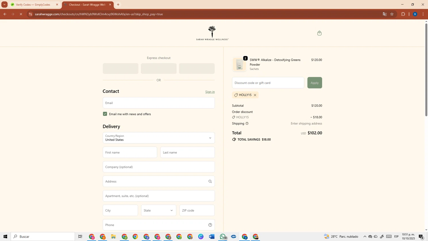 Sarah Wragge Wellness promo code screenshot showing code HOLLY15 applied at Sarah Wragge Wellness checkout page. Uploaded by SimplyCodes community member DiscountRanger3690 on Oct 11, 2025