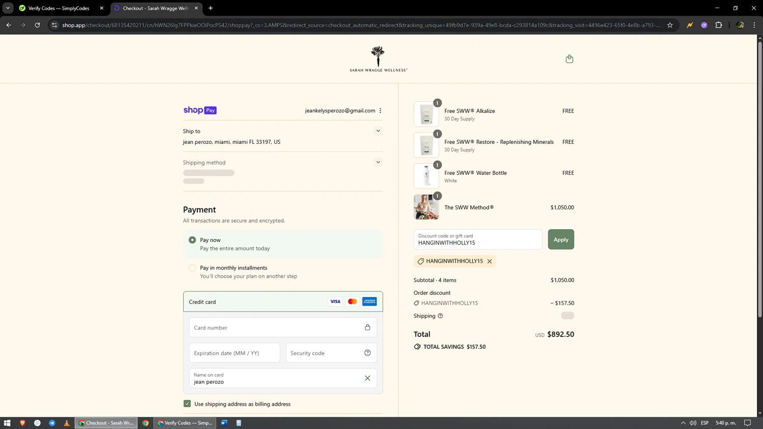Sarah Wragge Wellness promo code screenshot showing code HANGINWITHHOLLY15 applied at Sarah Wragge Wellness checkout page. Uploaded by SimplyCodes community member yonaiker on Aug 22, 2025
