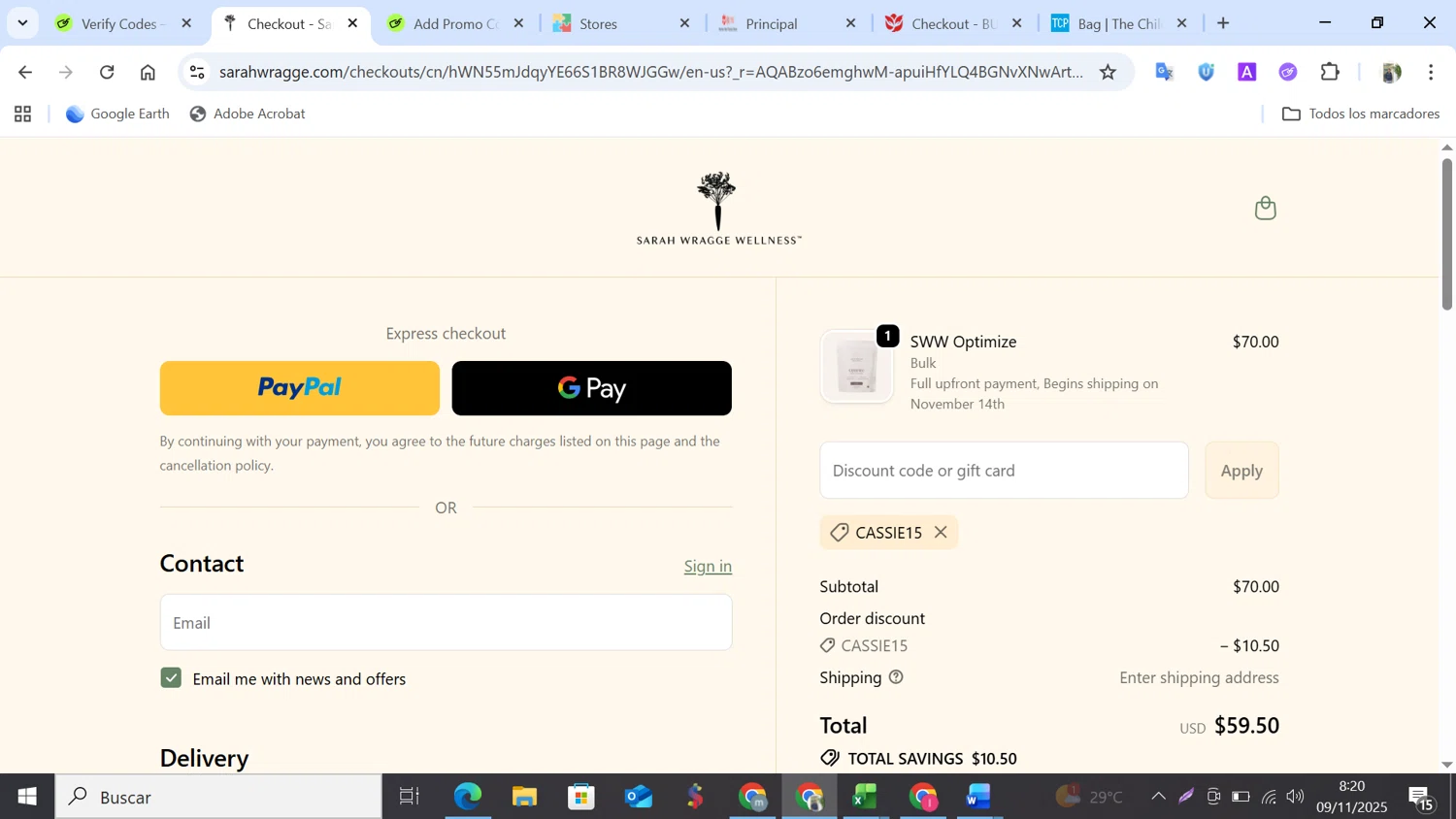 Sarah Wragge Wellness promo code screenshot showing code CASSIE15 applied at Sarah Wragge Wellness checkout page. Uploaded by SimplyCodes community member NobleMonarch5837 on Nov 9, 2025