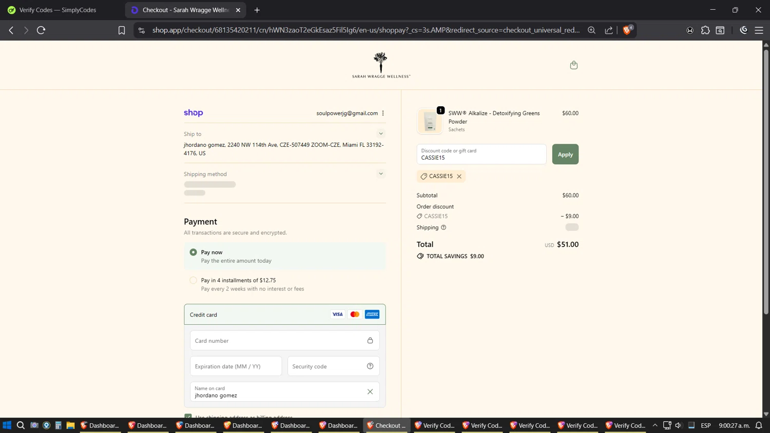 Sarah Wragge Wellness promo code screenshot showing code CASSIE15 applied at Sarah Wragge Wellness checkout page. Uploaded by SimplyCodes community member Shizuku on Oct 11, 2025