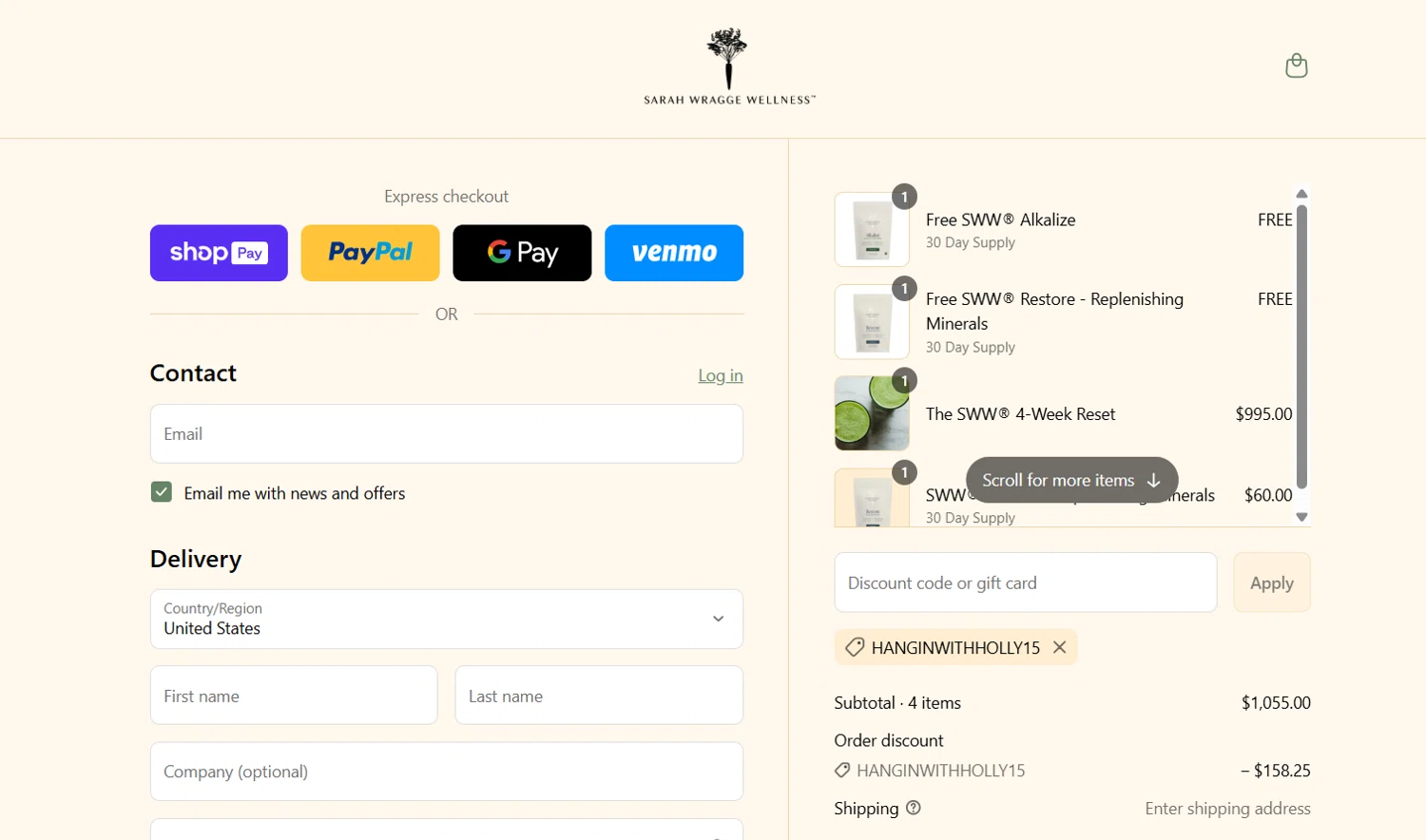 Sarah Wragge Wellness promo code screenshot showing code HANGINWITHHOLLY15 applied at Sarah Wragge Wellness checkout page. Uploaded by SimplyCodes community member jade5416625024720 on Jul 22, 2025