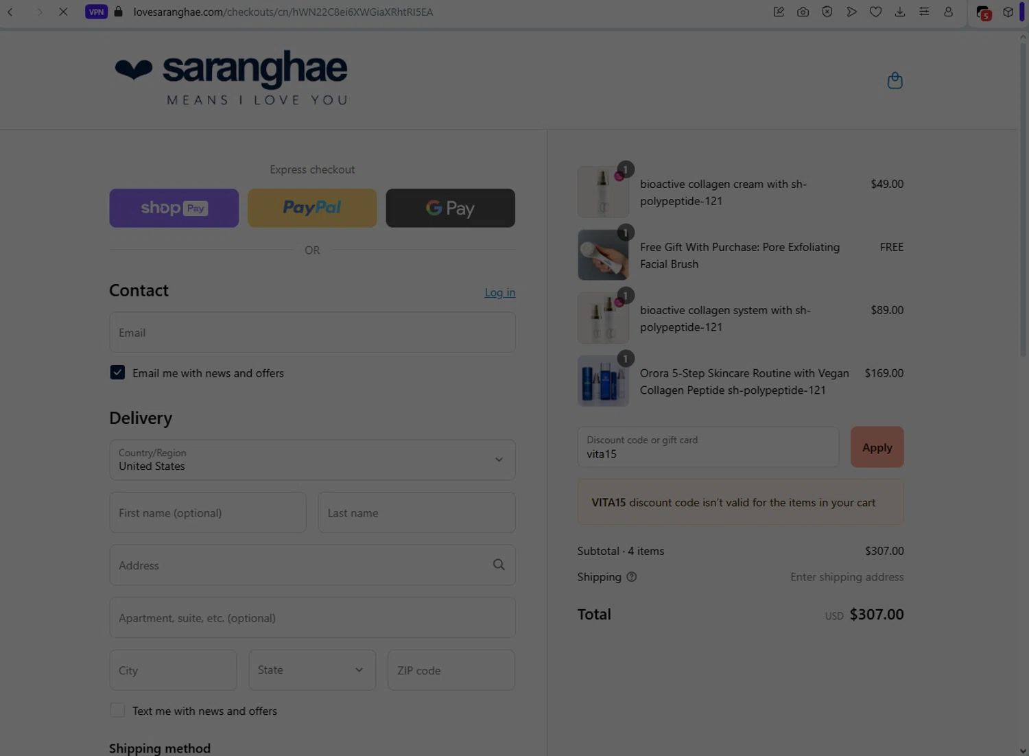 Saranghae Skin Care promo code screenshot showing code vita15 applied at Saranghae Skin Care checkout page. Uploaded by SimplyCodes community member LukaModric on Aug 20, 2025