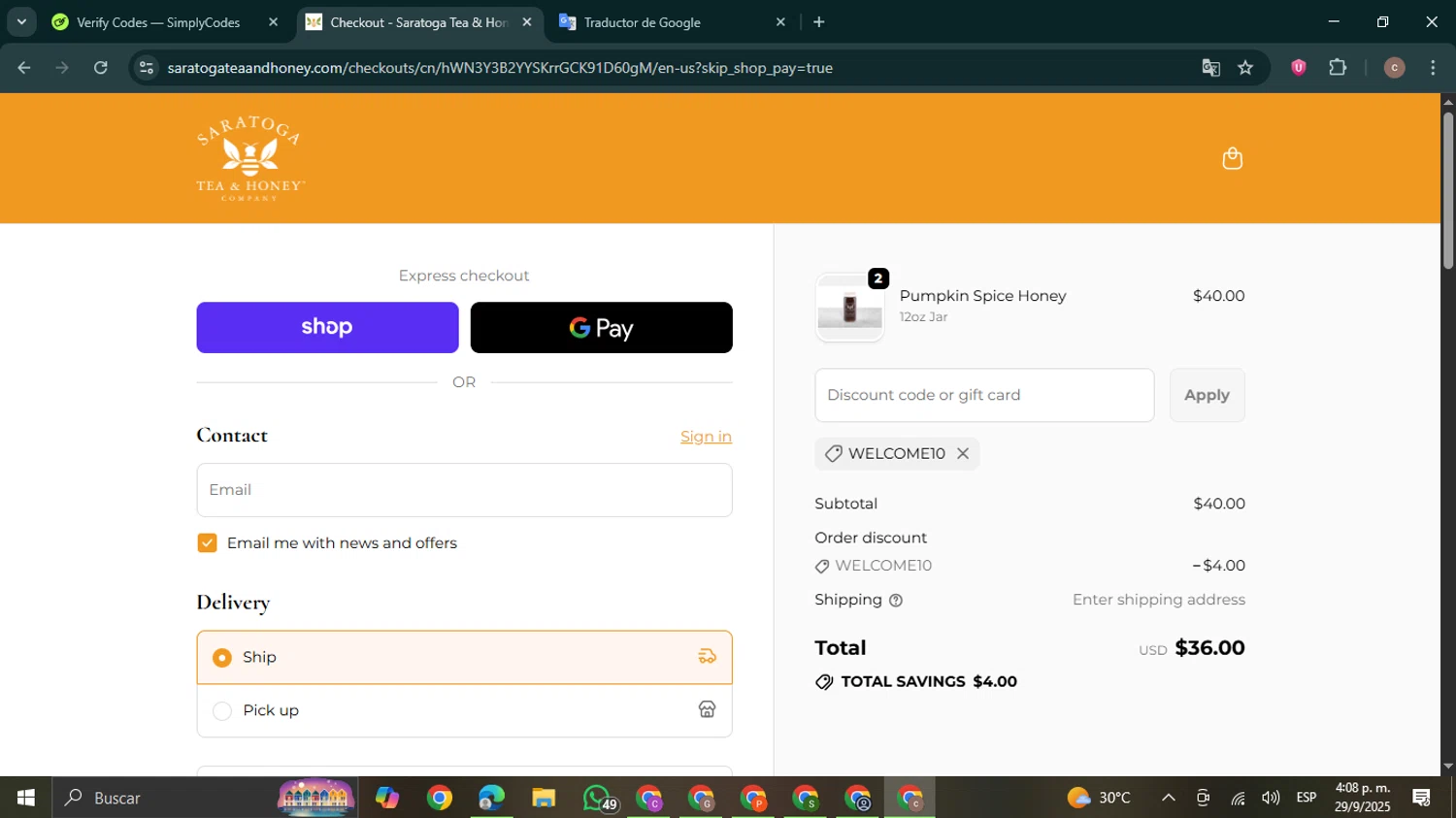 Saratoga Tea & Honey promo code screenshot showing code WELCOME10 applied at Saratoga Tea & Honey checkout page. Uploaded by SimplyCodes community member NobleExpert6497 on Sep 29, 2025