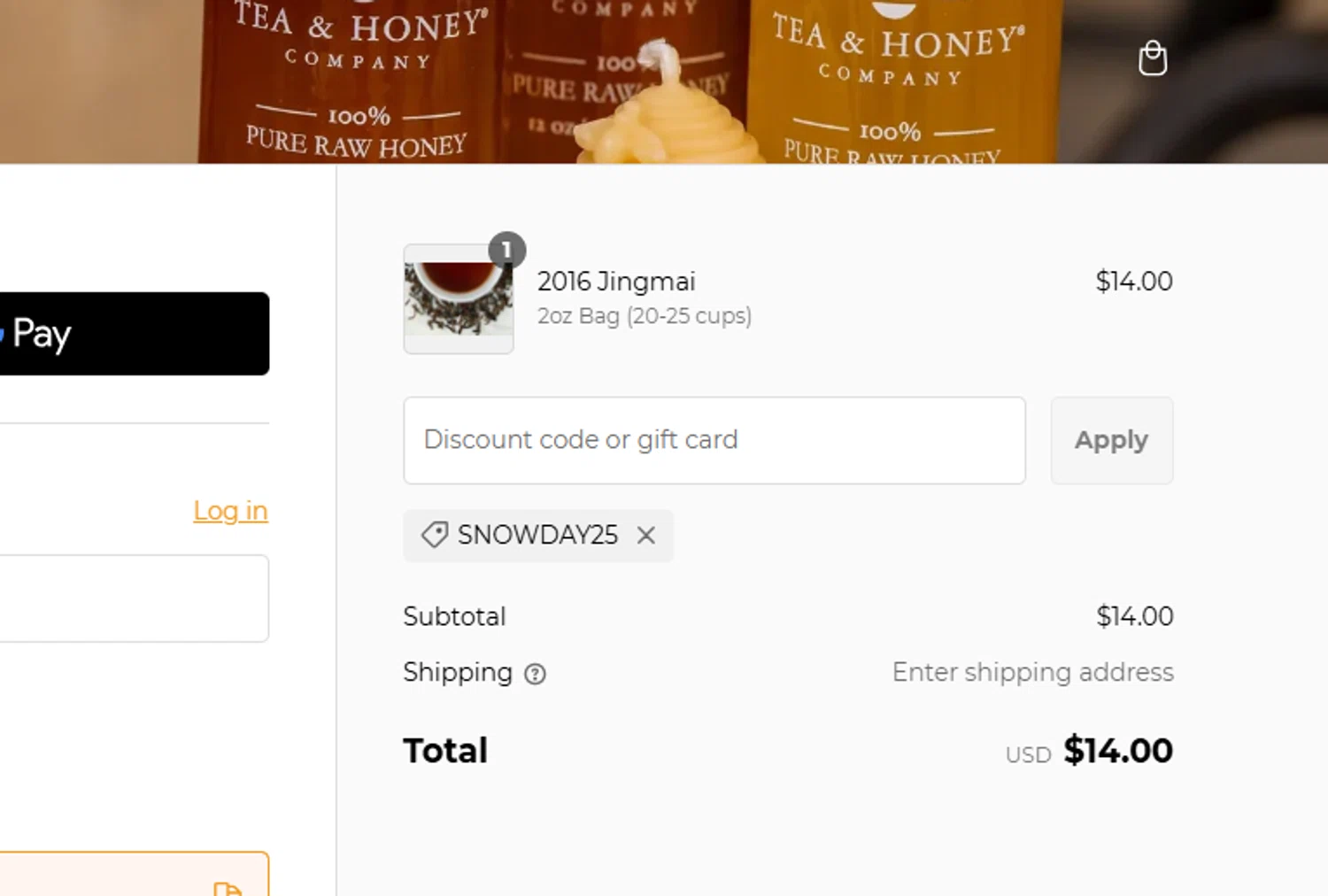 Saratoga Tea & Honey promo code screenshot showing code SnowDay25 applied at Saratoga Tea & Honey checkout page. Uploaded by SimplyCodes community member Eduard on Feb 6, 2025