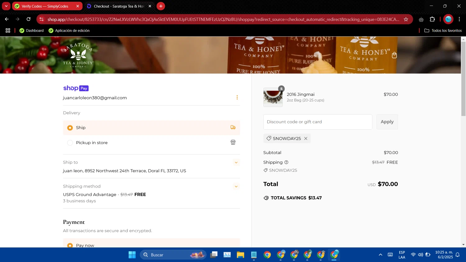 Saratoga Tea & Honey promo code screenshot showing code SnowDay25 applied at Saratoga Tea & Honey checkout page. Uploaded by SimplyCodes community member VoucherMaverick3143 on Feb 6, 2025