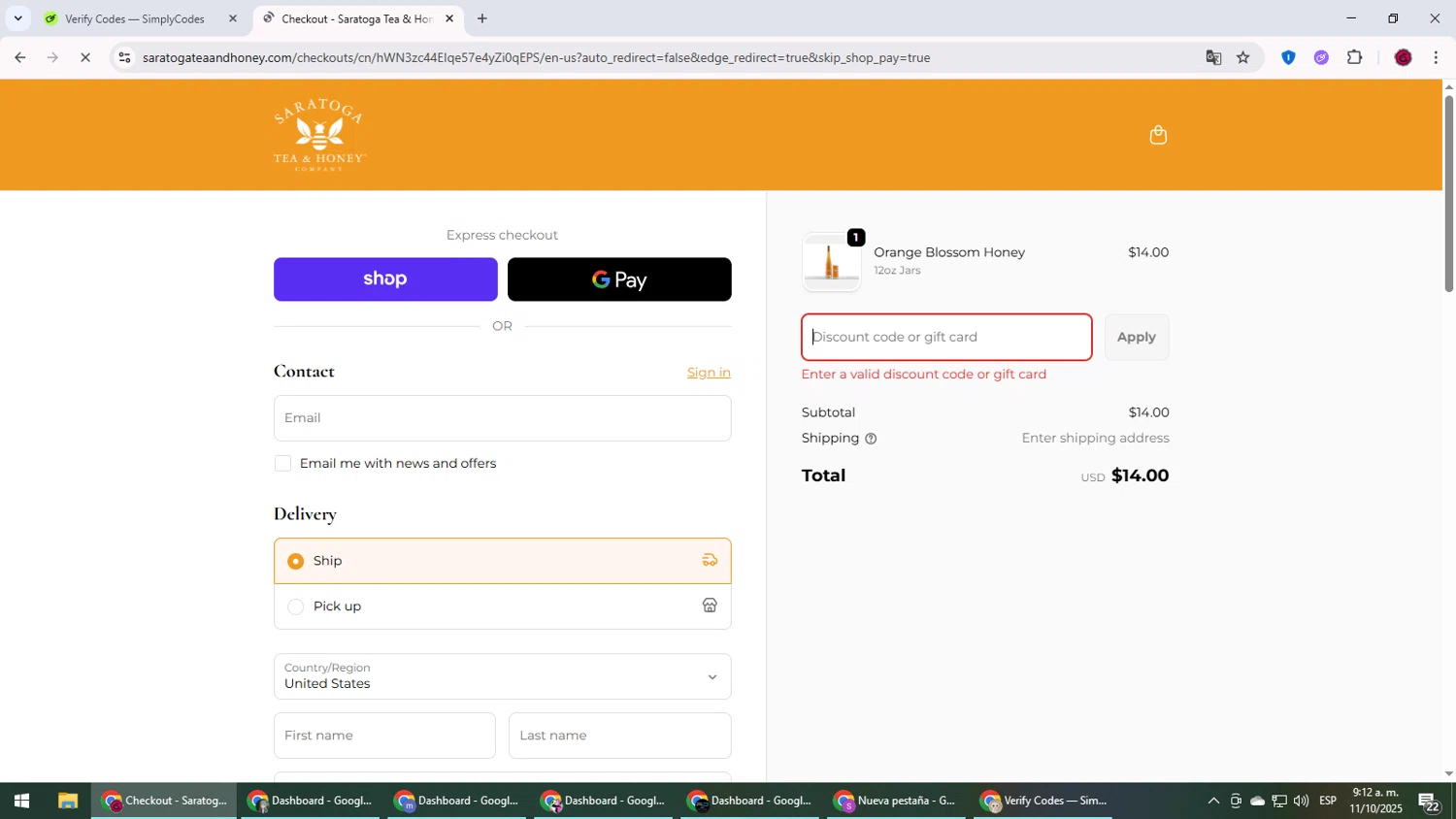 Saratoga Tea & Honey promo code screenshot showing code Prime10 applied at Saratoga Tea & Honey checkout page. Uploaded by SimplyCodes community member MightyLegend6657 on Oct 11, 2025