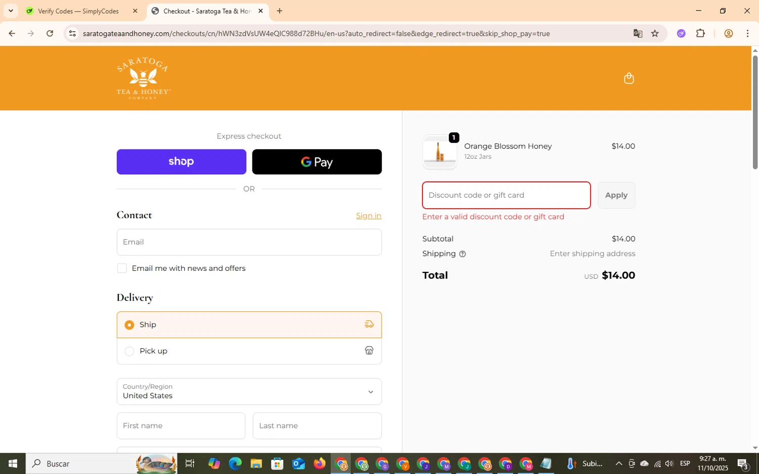 Saratoga Tea & Honey promo code screenshot showing code Prime10 applied at Saratoga Tea & Honey checkout page. Uploaded by SimplyCodes community member OliverRodriguez21 on Oct 11, 2025