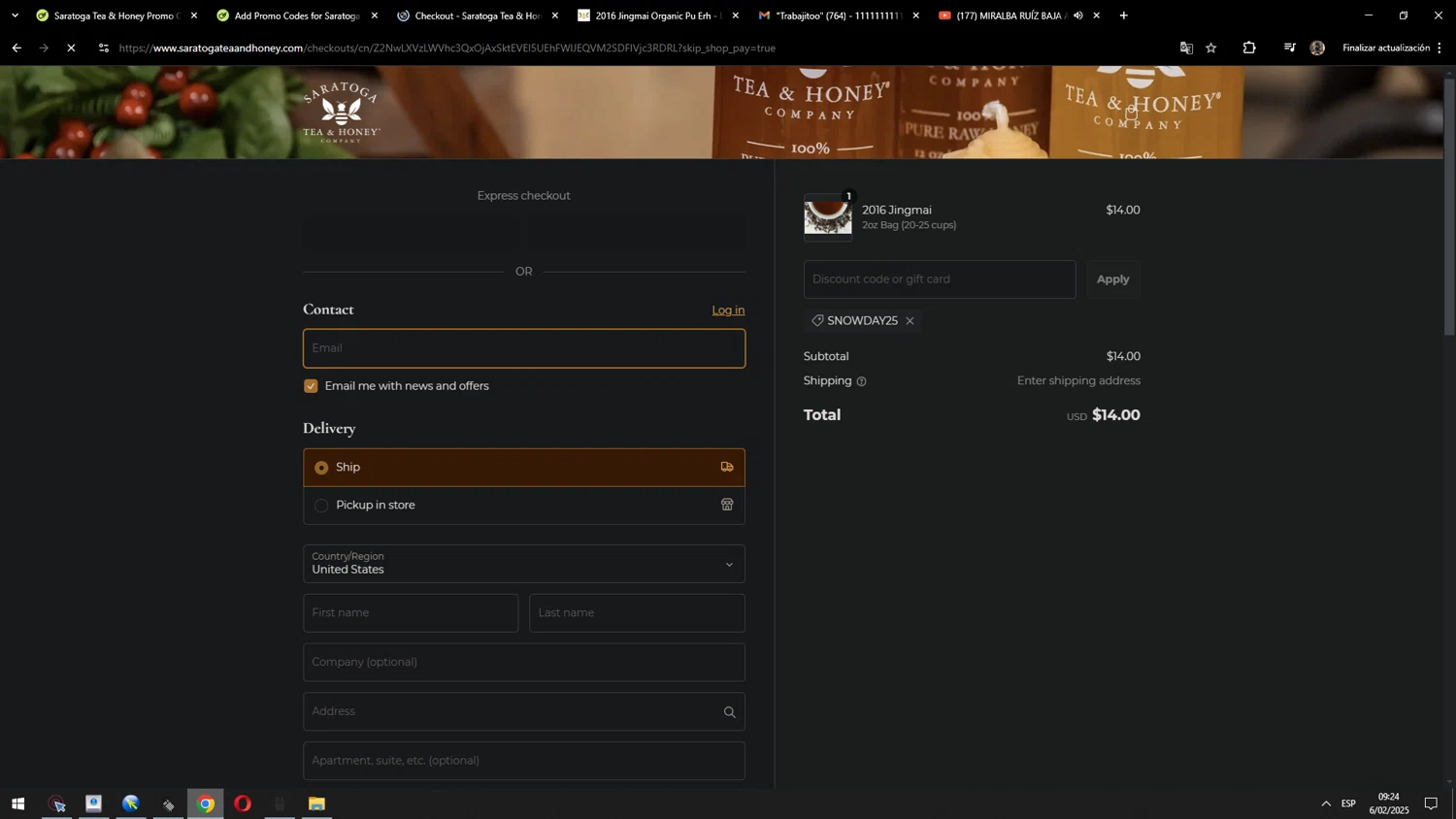 Saratoga Tea & Honey promo code screenshot showing code SnowDay25 applied at Saratoga Tea & Honey checkout page. Uploaded by SimplyCodes community member MarcosAranguren on Feb 6, 2025