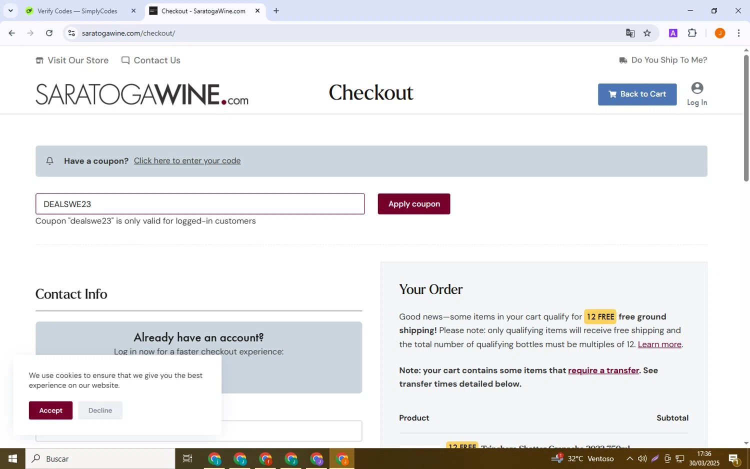 Saratoga Wine Exchange checkout page showing Saratoga Wine Exchange coupon code box | Screenshot taken by SimplyCodes community member on Mar 30, 2025