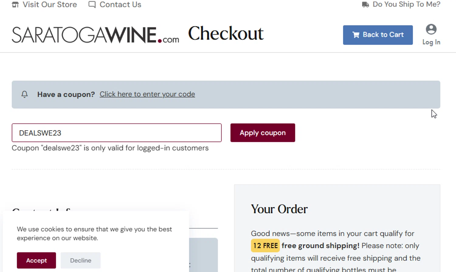 Saratoga Wine Exchange coupon code screenshot showing code DEALSWE23 applied at Saratoga Wine Exchange checkout page. Uploaded by SimplyCodes community member BudgetGuardian5712 on Mar 31, 2025