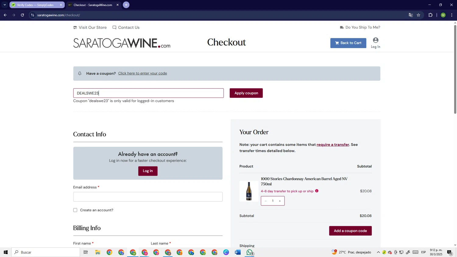 Saratoga Wine Exchange coupon code screenshot showing code DEALSWE23 applied at Saratoga Wine Exchange checkout page. Uploaded by SimplyCodes community member PrimeSage6924 on Mar 31, 2025