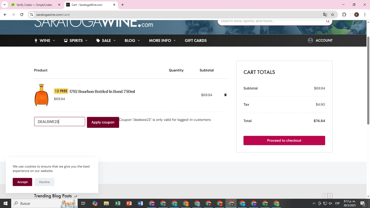 Saratoga Wine Exchange checkout page showing Saratoga Wine Exchange coupon code box | Screenshot taken by SimplyCodes community member on Mar 31, 2025