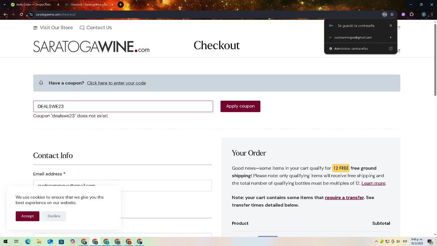 Saratoga Wine Exchange coupon code screenshot showing code DEALSWE23 applied at Saratoga Wine Exchange checkout page. Uploaded by SimplyCodes community member zadquiel on Mar 31, 2025