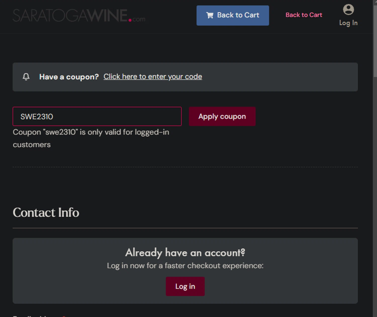Saratoga Wine Exchange coupon code screenshot showing code SWE2310 applied at Saratoga Wine Exchange checkout page. Uploaded by SimplyCodes community member edwardtoyo on Feb 10, 2025